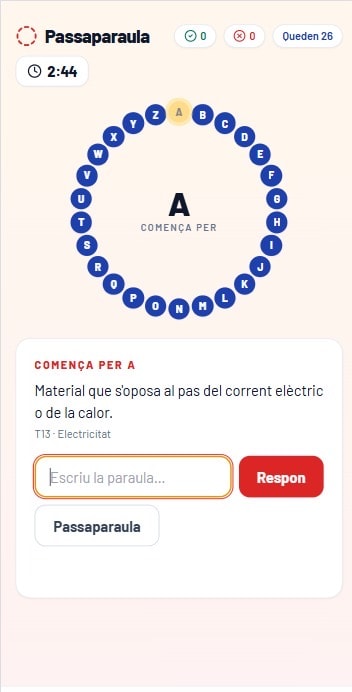 Minijoc Passaparaula amb el rosco de lletres i una definició que comença per A